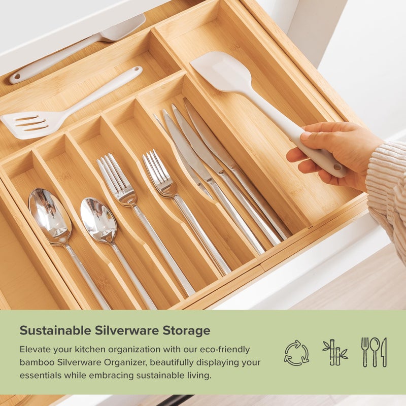 KitchenEdge Premium Silverware, Flatware and Utensil Organizer for Kitchen Drawers, Food-Safe Contract Grade, Expandable from 16 to 28 In, Natural Bamboo - Image 4